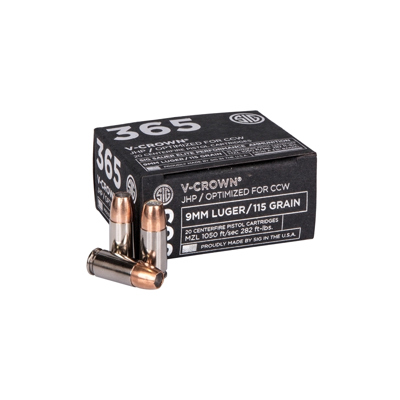 Sig Sauer 365 Elite Performance 9mm Luger Ammo 115 Grain V-Crown Jacketed Hollow Point