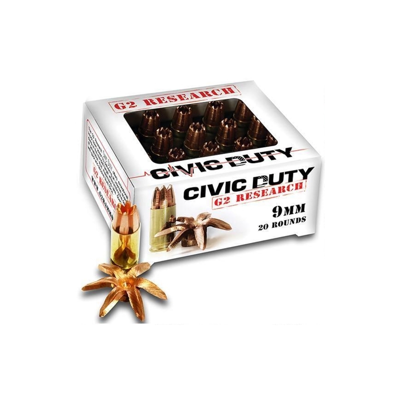 G2R Civic Duty 9mm Luger Ammo 100 Grain Solid Copper Hollow Point