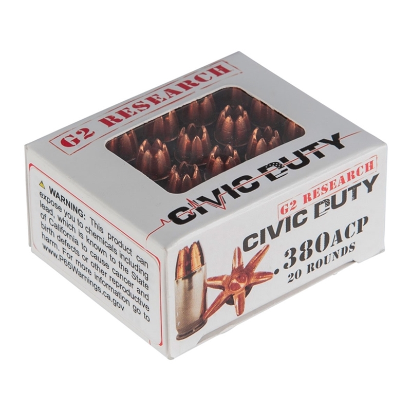 G2R Civic Duty 380 ACP AUTO Ammo 62 Grain Solid Copper Lead Free