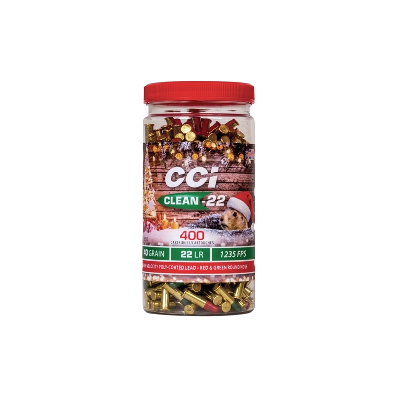 CCI Clean 22 Long Rifle Ammo 40 Grain High Velocity Polyer Green & Red Rounds Christmas Bottle