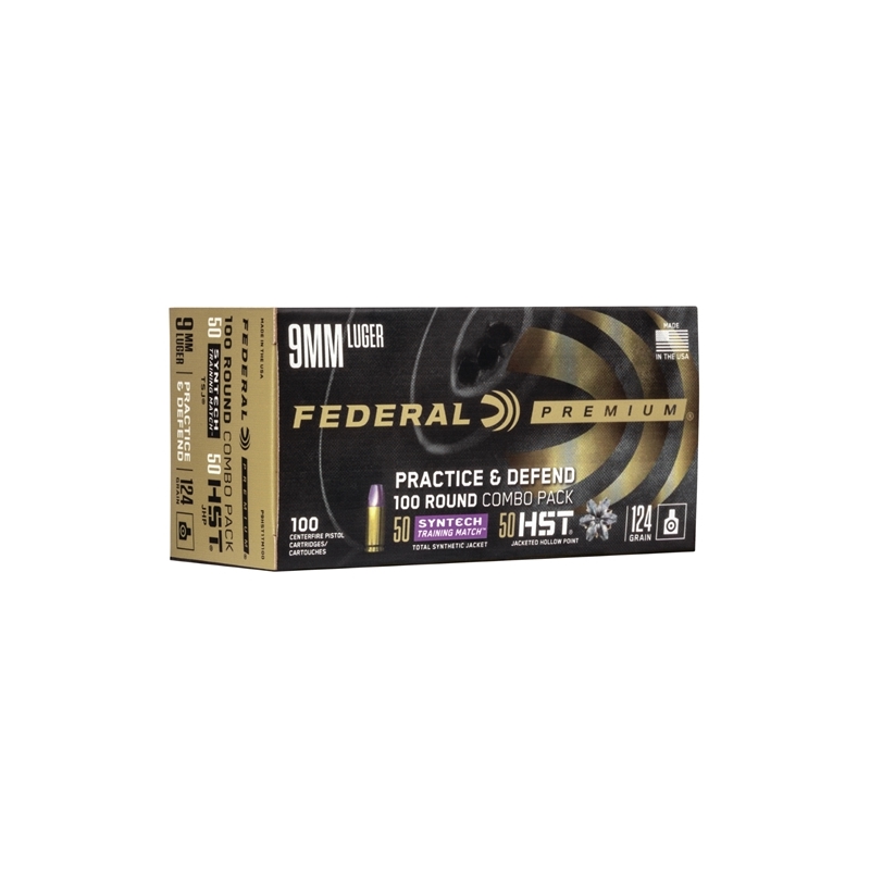 Federal Practice & Defend 9mm Luger Ammo 124 Grain Syntech/HST 100 Rounds Combo Pack