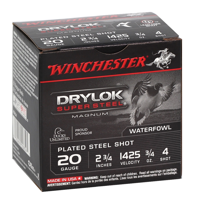 Winchester Drylok Super Steel 20 Gauge Ammo 2-3/4" 3/4 oz #4 Plated Steel Shot