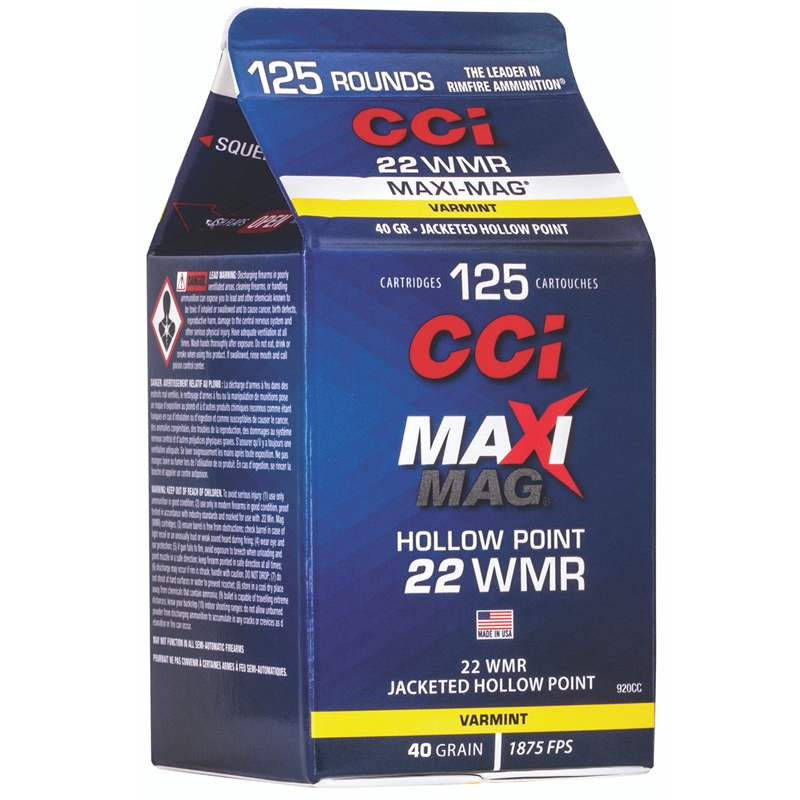 CCI Maxi-Mag Pour Pack 22 WMR Ammo 40 Grain JHP 125 Rounds