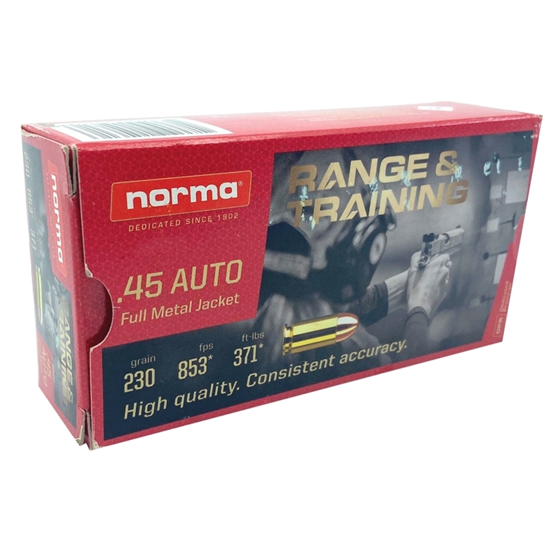 Norma Range and Training 45 ACP Auto Ammo 230 Grain Full Metal Jacket
