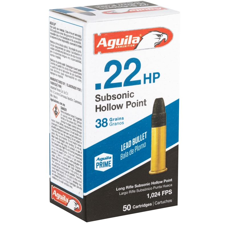 Aguila SuperExtra 22 Long Rifle Ammo 38 Grain Subsonic Lead Hollow Point