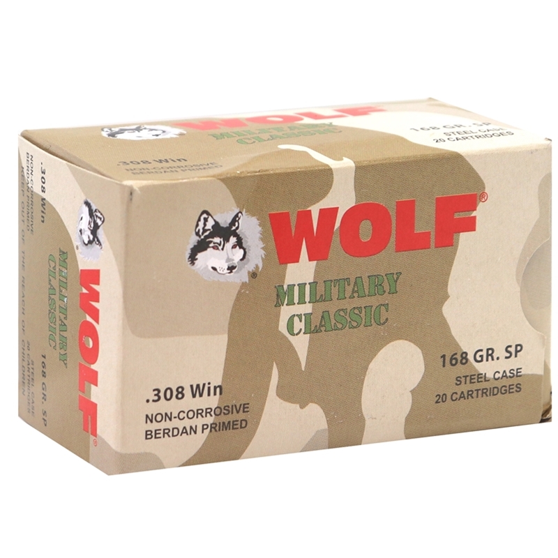 Wolf Military Classic 308 Winchester Ammo 168 Grain SP Steel Case