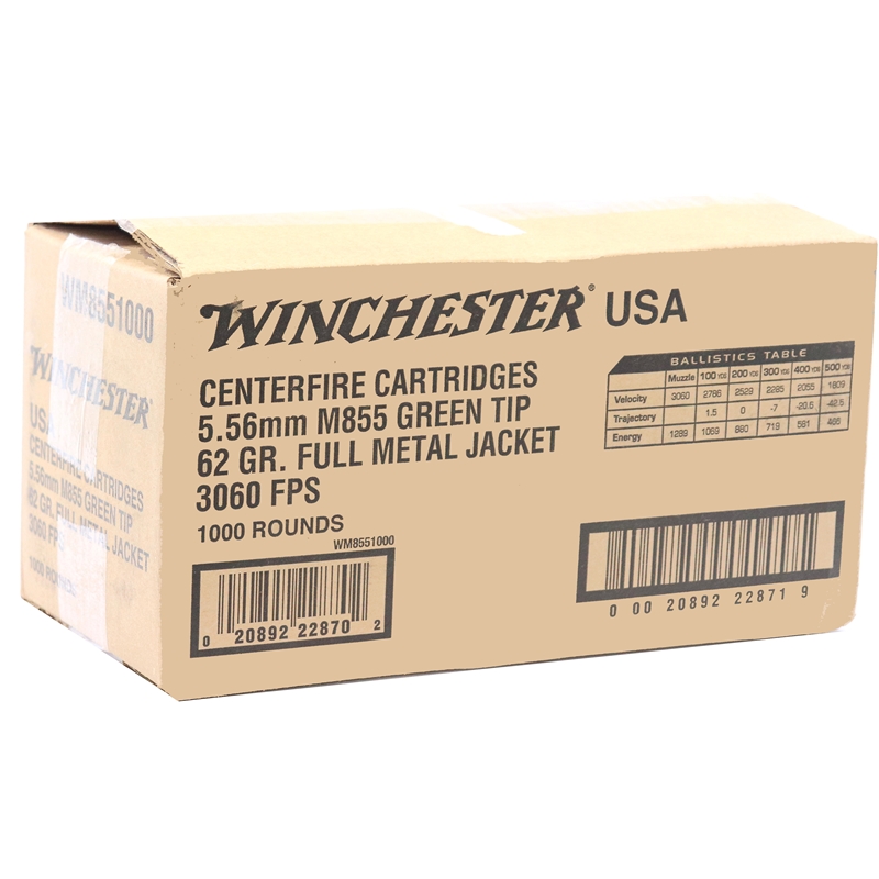 Winchester USA 5.56mm M855 NATO Ammo 62 Grain Green Tip FMJ 1000 Rounds