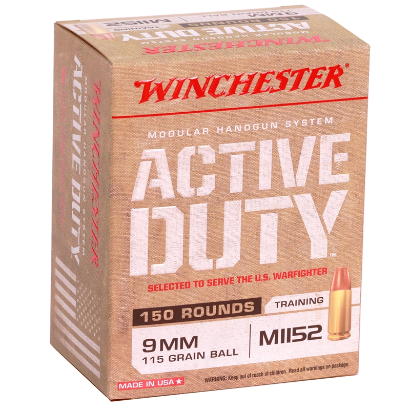 Winchester Active Duty 9mm Luger Ammo 115 Grain FMJ Flat Nose 150 Round Box