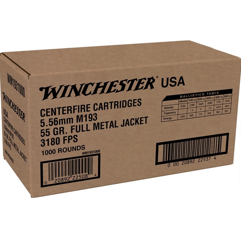 Winchester USA 5.56mm NATO Ammo 55 Grain FMJ Bulk 1000 Rounds