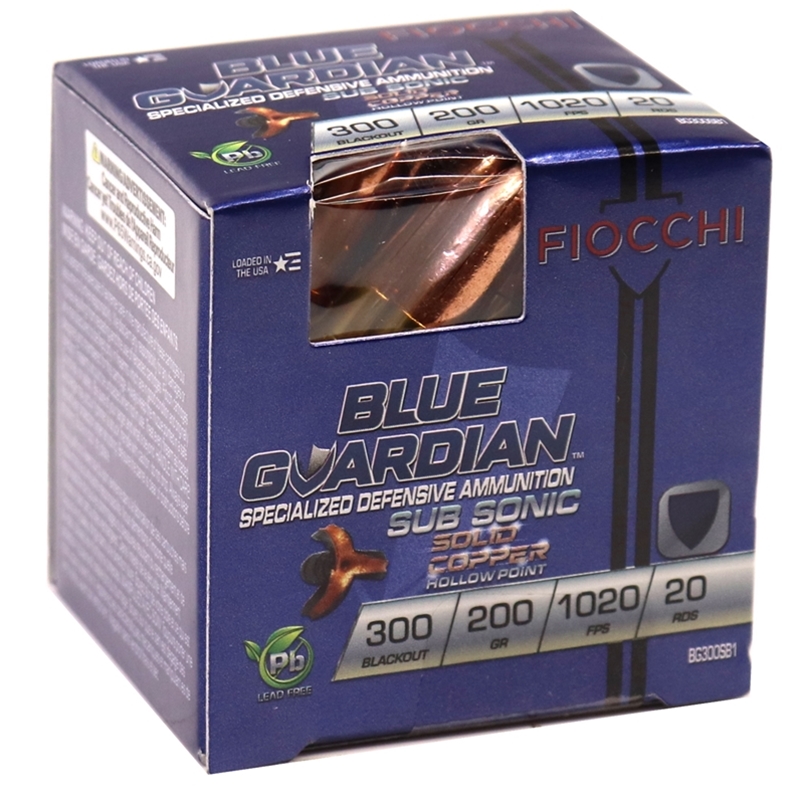 Fiocchi Blue Guardian  300 AAC Blackout Ammo 200 Grain Subsonic Solid Copper Hollow Point Lead Free