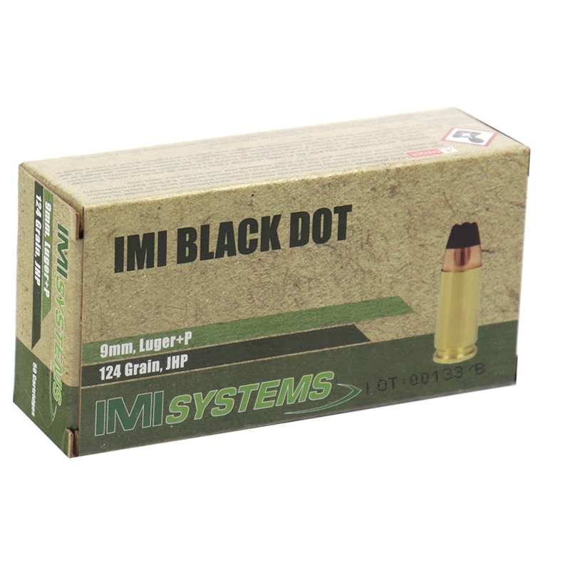 IMI Ammo 9mm Luger Ammo +P 124 Grain Black Dot Jacketed Hollow Point
