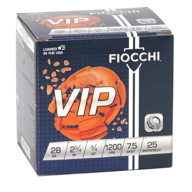 Fiocchi Exacta Target 28 Gauge Ammo 2 3/4″ 3/4 oz #7.5 Lead Shot 266 Pellets 250 Rounds - 28VIP75