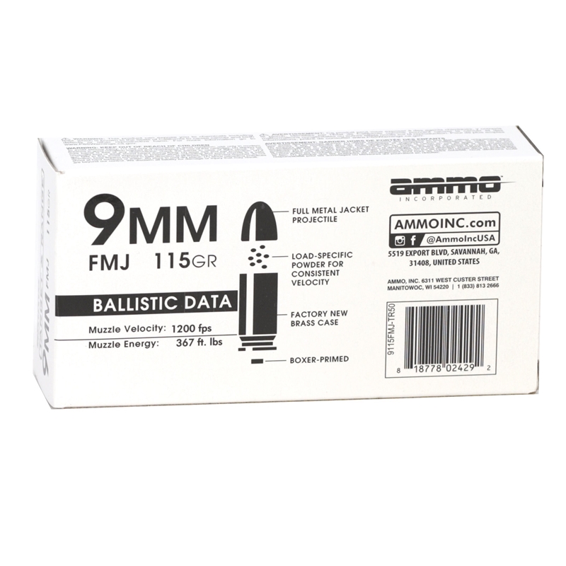 Ammo Inc Target & Range 9mm Ammo 115 Grain Full Metal Jacket - 9115FMJ-TR50