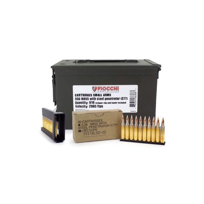 Fiocchi 5.56mm M855 Ammo 62 Grain Penetrator FMJ 910 Rounds on Stripper Clips
