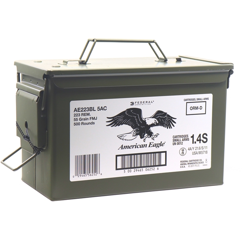 Federal American Eagle 223 Remington Ammo 55 Grain FMJ 500 Rounds in Ammo Can
