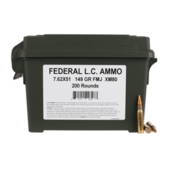 Federal Lake City 7.62x51mm XM80 Ammo 149 Grain FMJ 200 Rounds Bulk Ammo Can