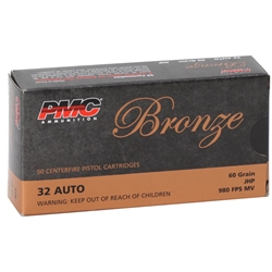 PMC Bronze 32 ACP Auto Ammo 60 Grain Jacketed Hollow Point 