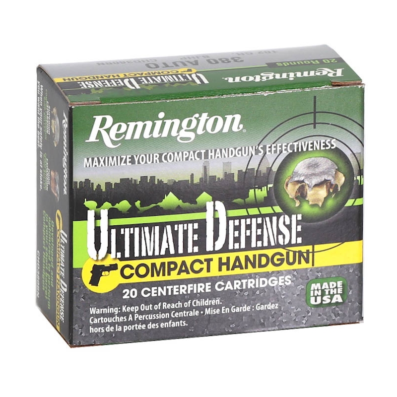 Remington Ultimate Defense Compact Handgun 380 ACP AUTO Ammo 102 GR Brass Jacket Hollow Point