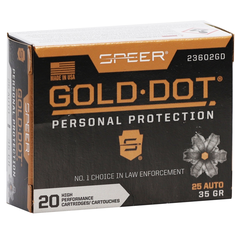 Speer Gold Dot 25 ACP AUTO Ammo 35 Grain Jacketed Hollow Point