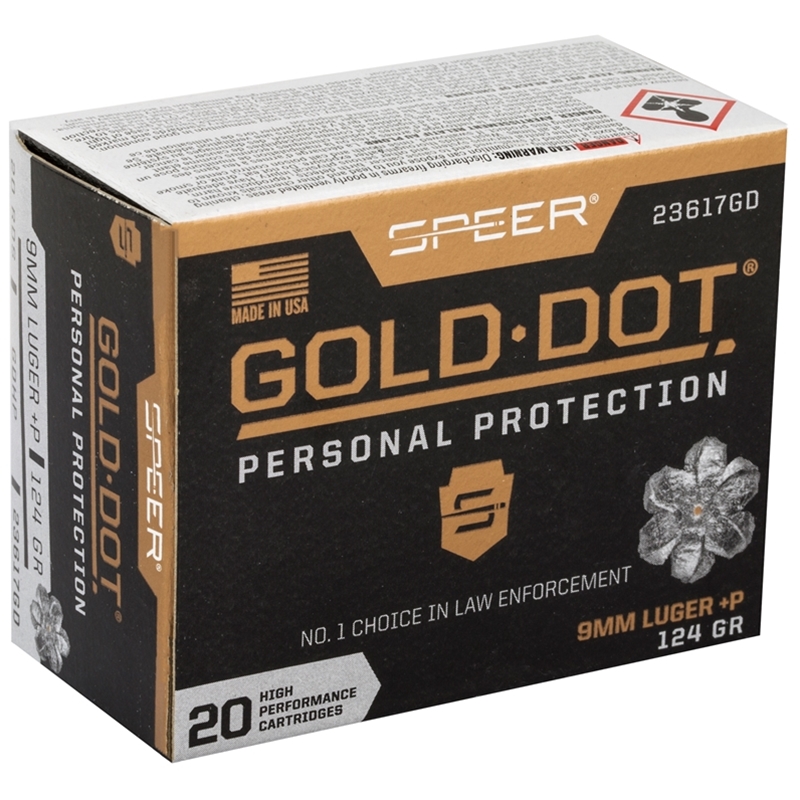 Speer Gold Dot 9mm Luger Ammo +P 124 Grain Jacketed Hollow Point 