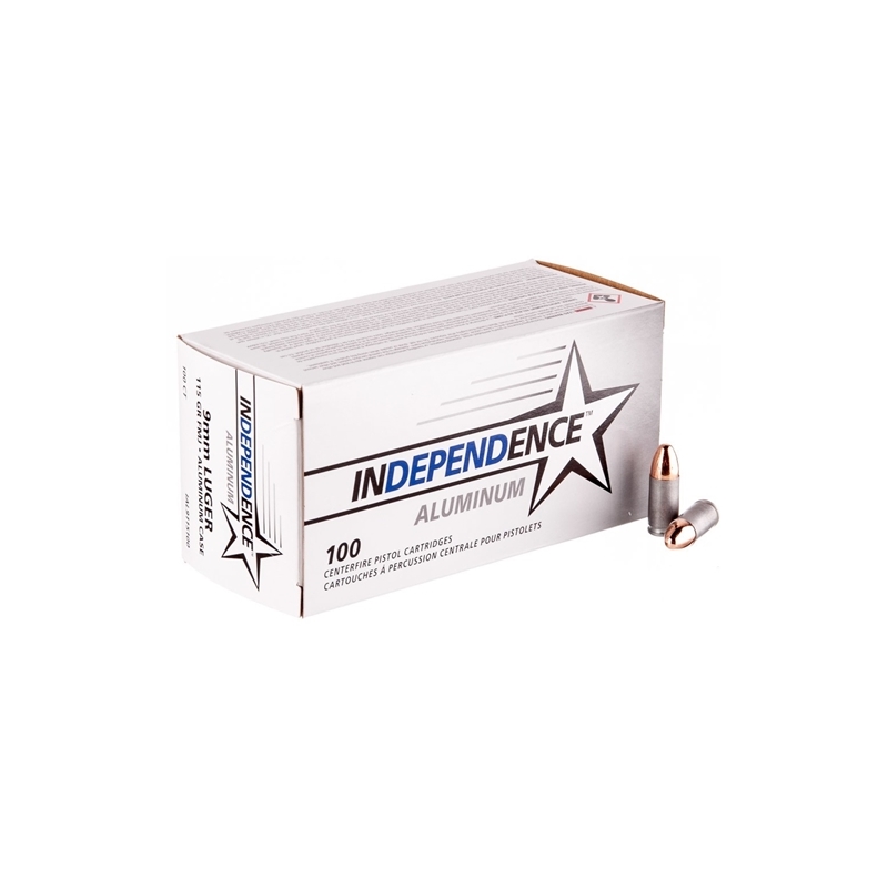 Independence Aluminum 9mm Luger Ammo 115 Grain FMJ 100 Rounds Value Pack