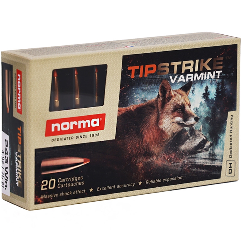Norma USA TipStrike 243 Winchester Ammo 76 Grain Polymer Tip Flat Base