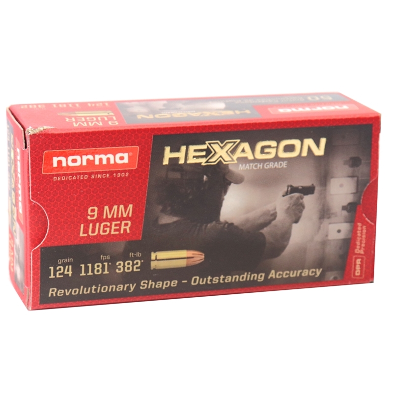 Norma Match Grade 9mm Ammo 124 Grain Hexagon Hollow Point
