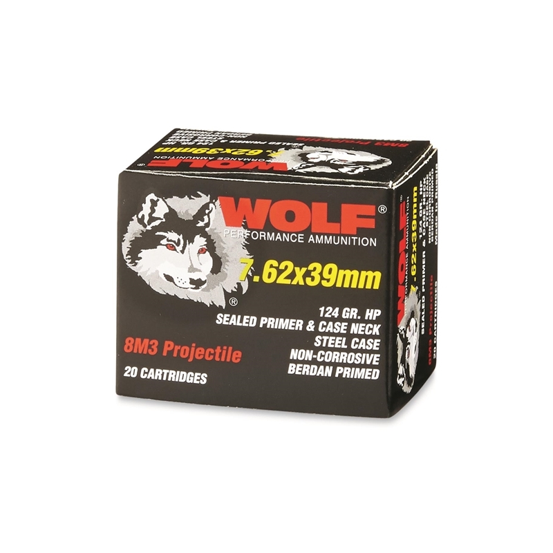 Wolf Performance 7.62x39mm Ammo 124 Grain 8M3 Hollow Point Steel Case