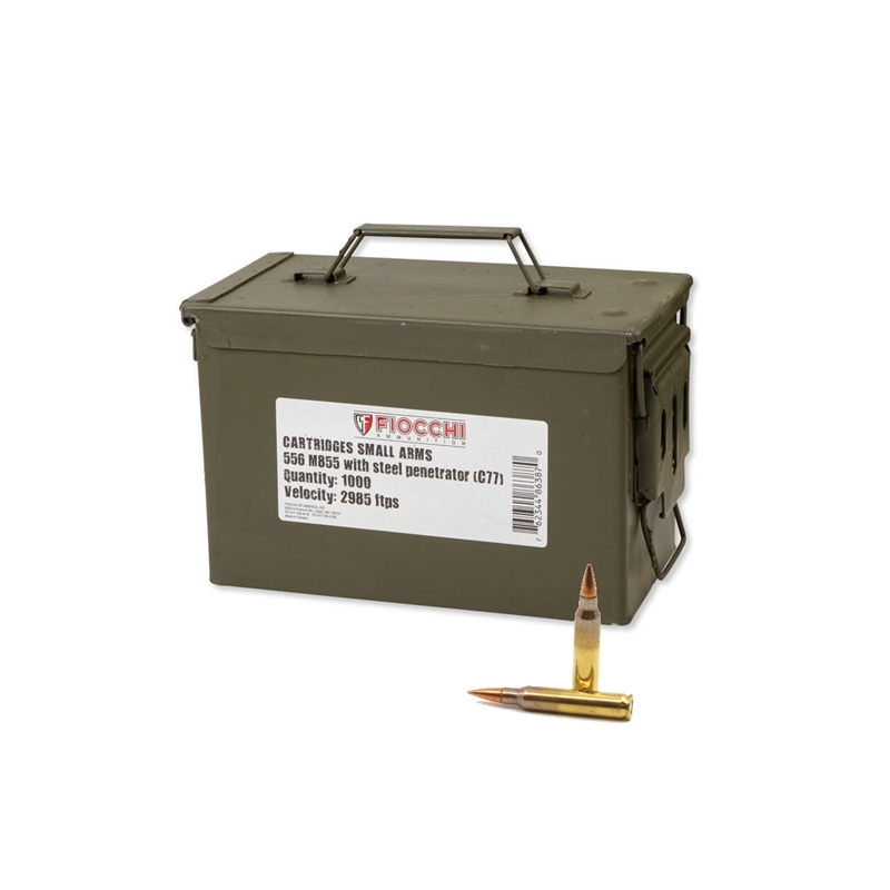 Fiocchi 5.56mm M855 Ammo 62 Grain Steel Penetrator FMJBT 1000 Rounds Ammo Can