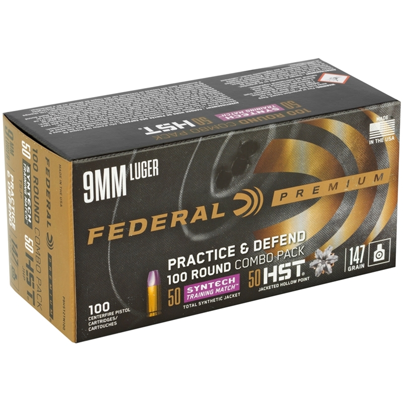 Federal Practice & Defend 9mm Luger Ammo 147 Grain Syntech/HST 100 Rounds Combo Pack