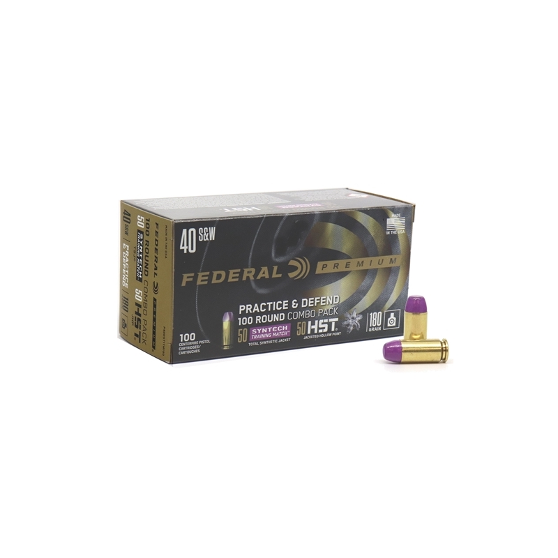 Federal Practice & Defend 40 S&W Ammo 180 Grain HST JHP Syntech Training Match Combo Pack