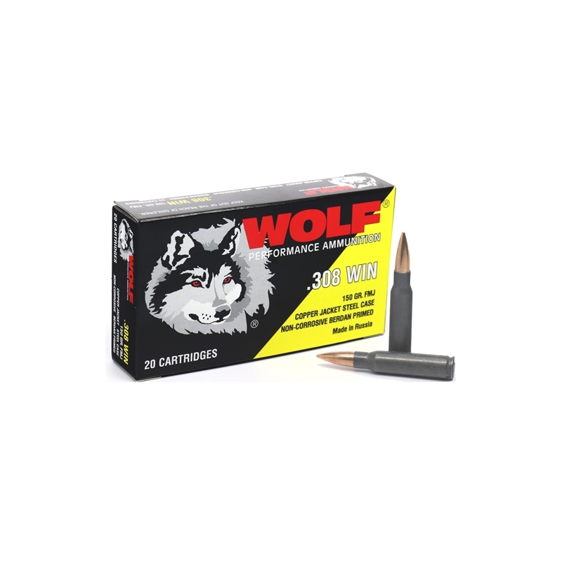 Wolf Performance 308 Winchester Ammo 150 Grain FMJ Copper Jacket Steel Case 