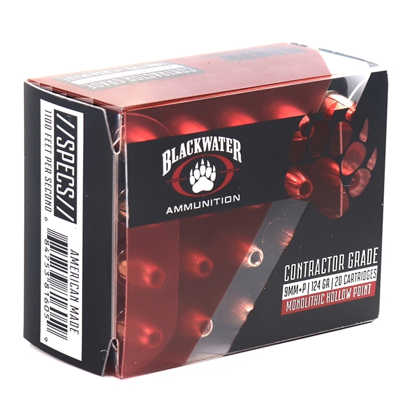 Blackwater Ammunition Contractor Grade 9mm Luger Ammo 124 Grain +P Monolithic Hollow Point