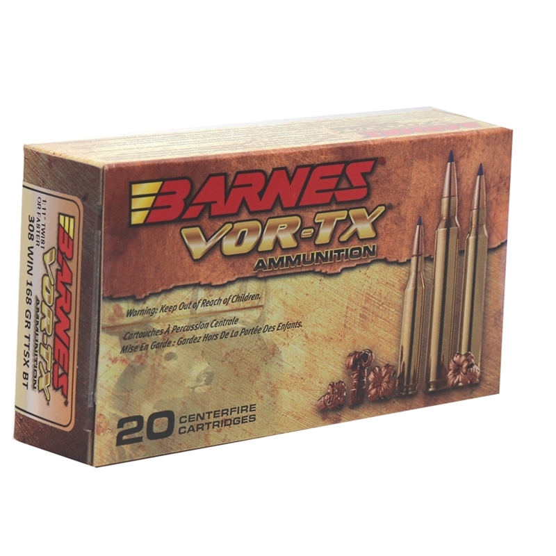 Barnes VOR-TX 308 Winchester Ammo 168 Grain TTSX Polymer Tipped Spitzer Boat Tail Lead-Free