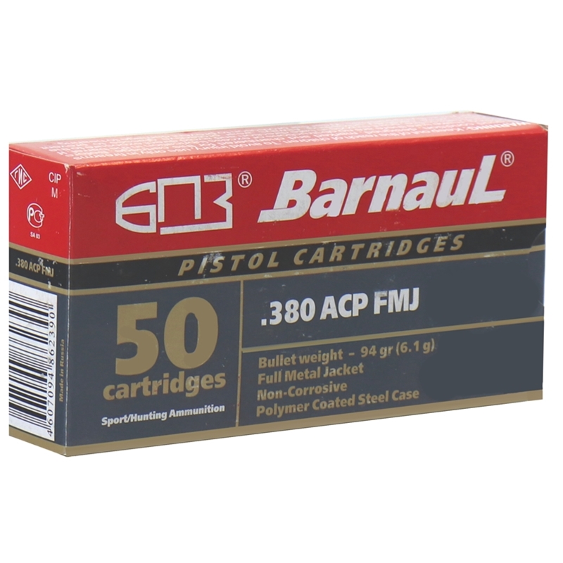 Barnaul 380 ACP Auto Ammo 94 Grain Full Metal Jacket Polycoated Steel 