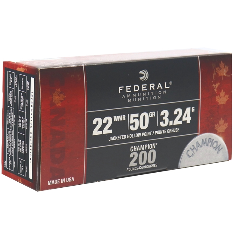 Federal Champion 22 WMR Ammo 50 Grain Jacketed Hollow Point Pack of 200
