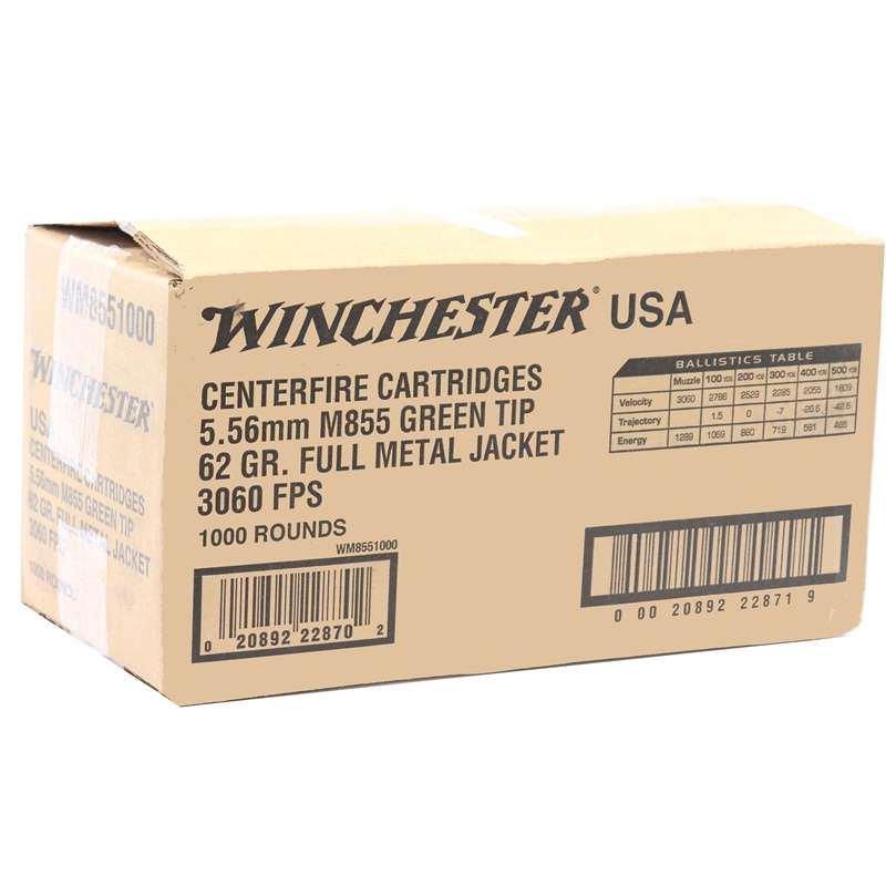 Winchester USA 5.56mm M855 NATO Ammo 62 Grain Green Tip FMJ 1000 Rounds 