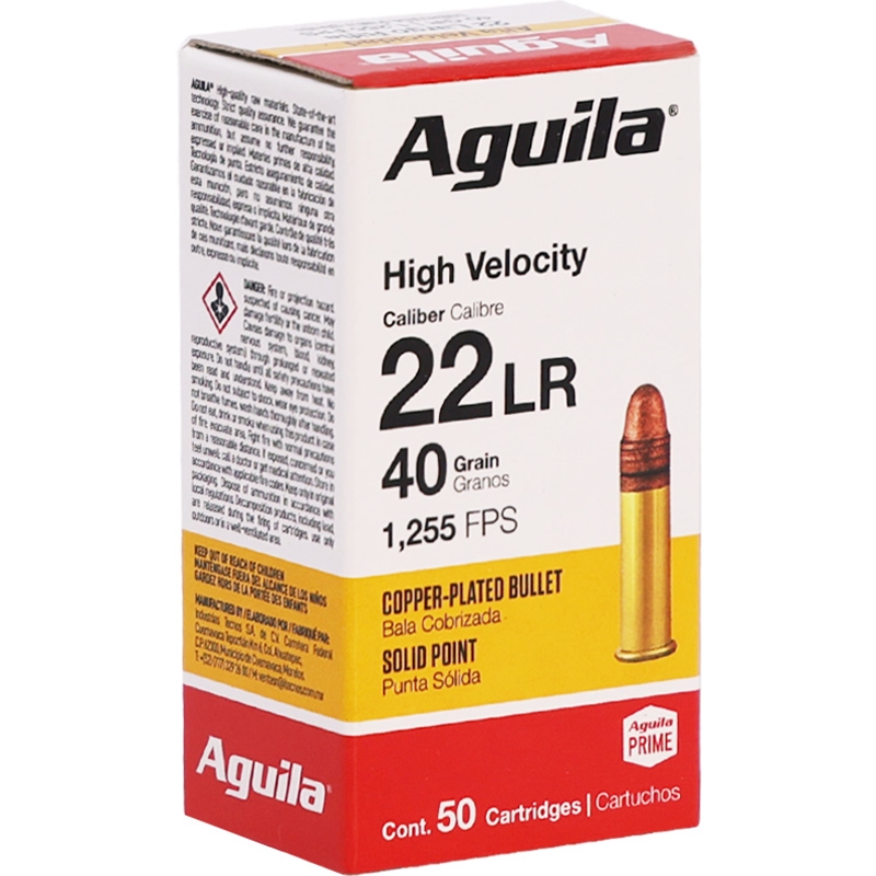 Aguila High Velocity 22 Long Rifle Ammunition 40 Grain Copper Plated Solid Point - 1B220328