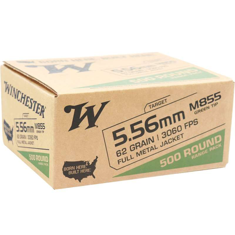 Winchester 5.56mm M855 NATO Ammo 62 Grain Green Tip FMJ 500 Rounds  Value Pack