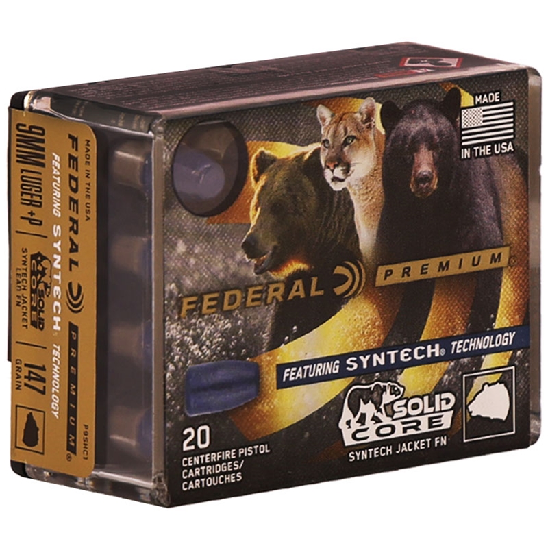 Federal Premium 9mm Luger +P Ammo 147 Grain Solid Core Synthetic Flat Nose - P9SHC1
