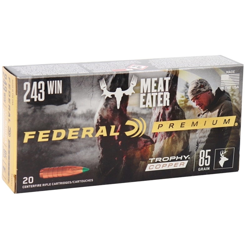 Federal Premium Meat Eater 243 Winchester Ammo 85 Grain Trophy Copper Tipped BT Lead-Free