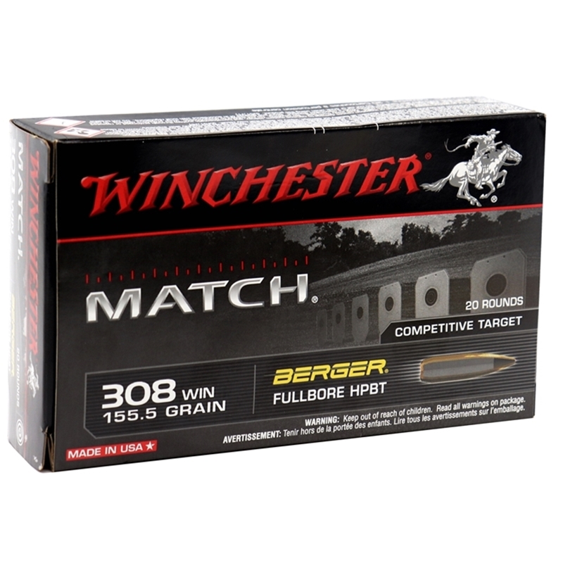 Winchester Match 308 Winchester Ammo 155.5 Grain Berger FullBore Hollow Point
