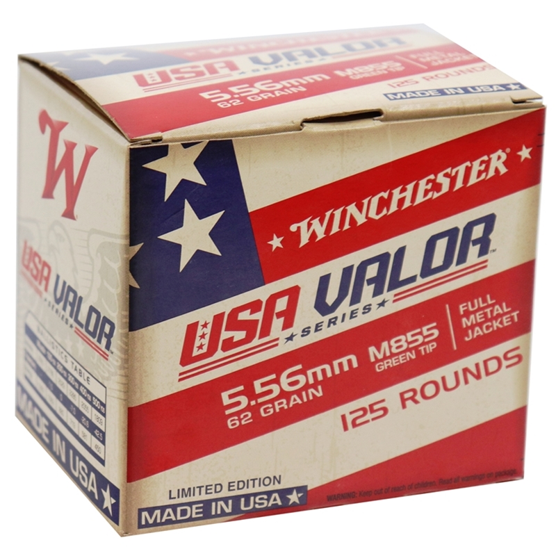 Winchester USA Valor 5.56x45mm NATO Ammo 62 Grain M855 FMJ Green Tip 125 Rounds Value Pack