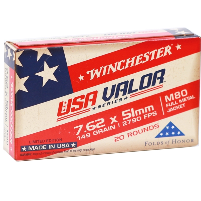 Winchester USA Valor 7.62 x 51mm M80 Ammo 149 Grain Full Metal Jacket 