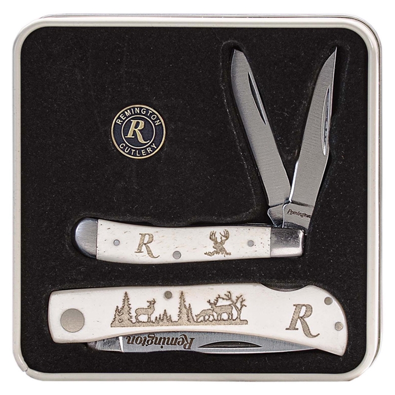 Remington Mule Deer Tin Collector Two Folding Knife 2 3/4 