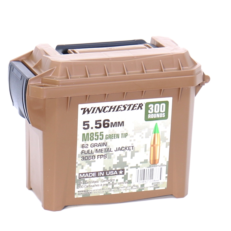 Winchester 5.56mm M855 NATO Ammo 62 Grain Green Tip FMJ 300 Rounds Can