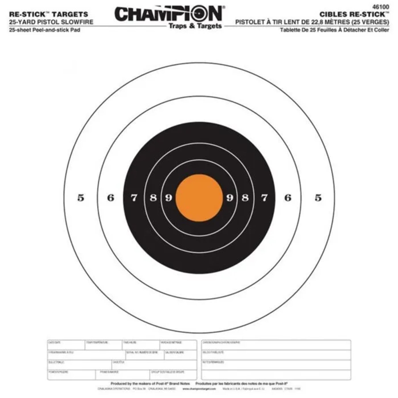 Champion Re-Stick 25 Yard Pistol Slowfire Self-Adhesive Targets Paper 25 in a Pack