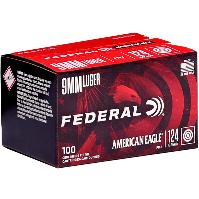 Federal American Eagle 9mm Luger Ammunition 124 Grain Full Metal Jacket - AE9AP100