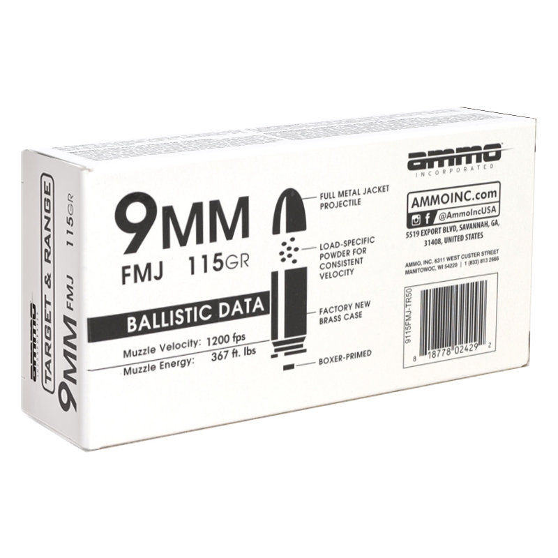 Ammo Inc Target & Range 9mm Luger Ammunition 115 Grain Full Metal Jacket - 9115FMJ-TR50