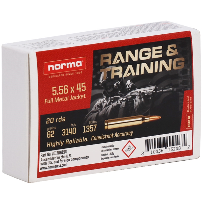 Norma Range & Training 5.56x45mm NATO Ammunition 62 Grain Full Metal Jacket - 701706154